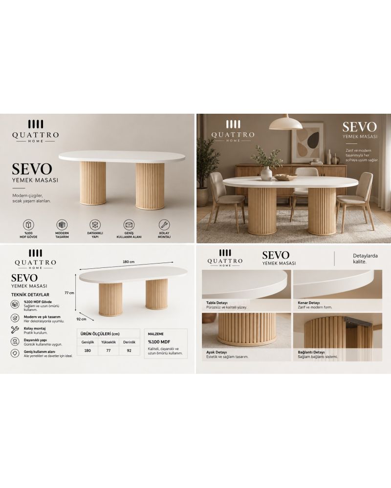 SEVO YEMEK MASASI -Genişlik: 180 cm  Yükseklik: 77 cm  Derinlik: 92 cm-%100 MDF