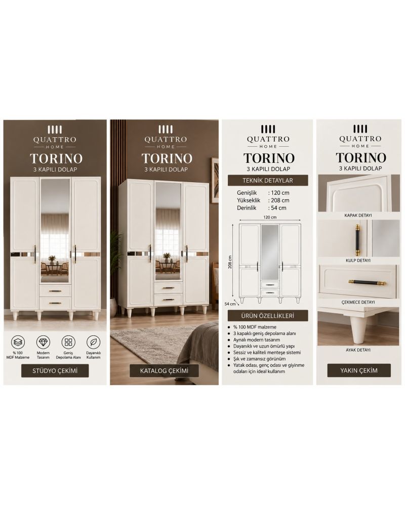 TORINO 3 KAPAKLI DOLAP -Genişlik: 120 cm  Yükseklik: 208 cm  Derinlik: 54 cm-%100 MDF
