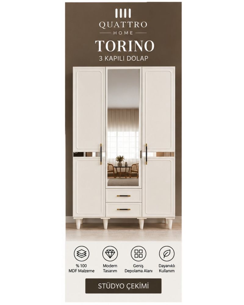 TORINO 3 KAPAKLI DOLAP -Genişlik: 120 cm  Yükseklik: 208 cm  Derinlik: 54 cm-%100 MDF