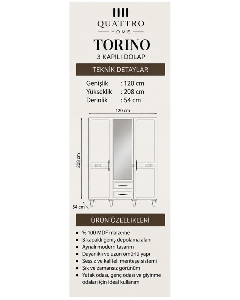 TORINO 3 KAPAKLI DOLAP -Genişlik: 120 cm  Yükseklik: 208 cm  Derinlik: 54 cm-%100 MDF