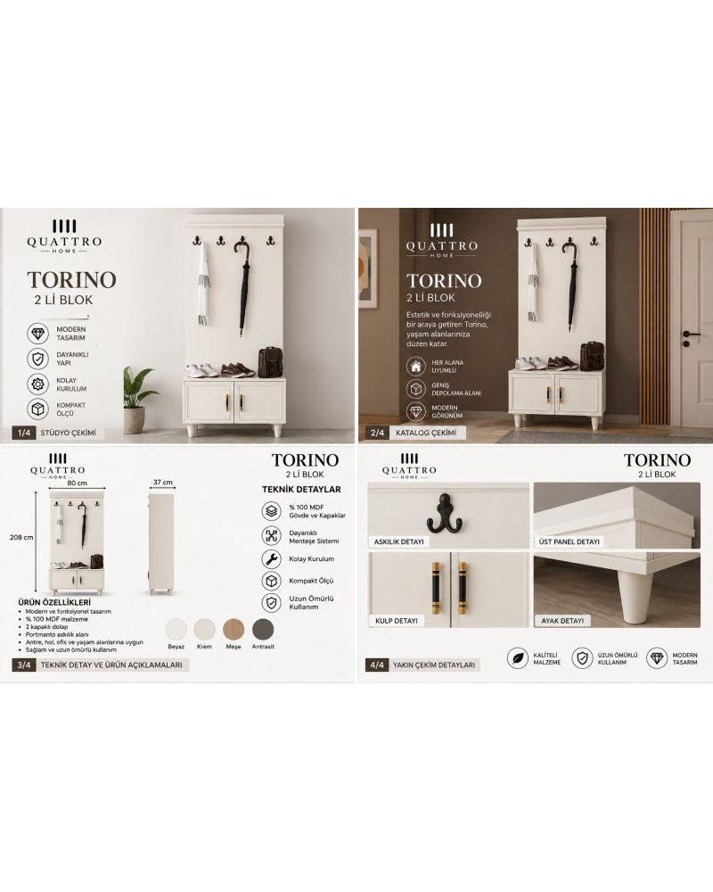 TORINO VESTİYER -Genişlik: 80 cm  Yükseklik: 208 cm  Derinlik: 37 cm-%100 MDF
