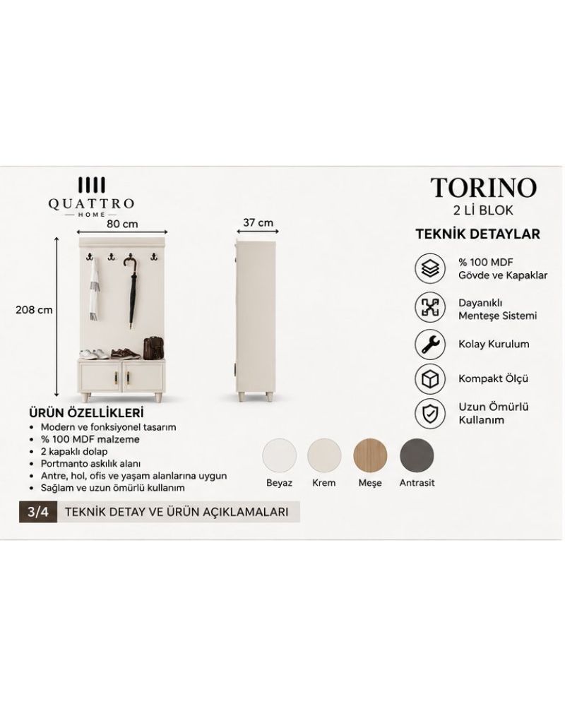 TORINO VESTİYER -Genişlik: 80 cm  Yükseklik: 208 cm  Derinlik: 37 cm-%100 MDF