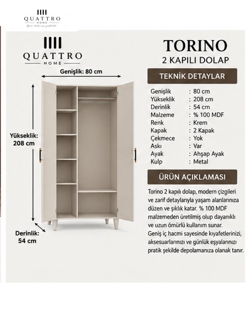 TORINO 2 KAPAKLI DOLAP -Genişlik: 80 cm  Yükseklik: 208 cm  Derinlik: 54 cm-%100 MDF