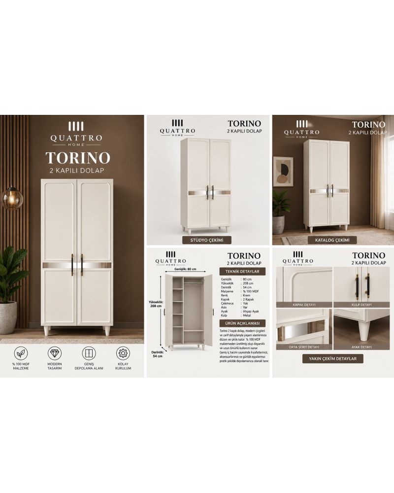 TORINO 2 KAPAKLI DOLAP -Genişlik: 80 cm  Yükseklik: 208 cm  Derinlik: 54 cm-%100 MDF