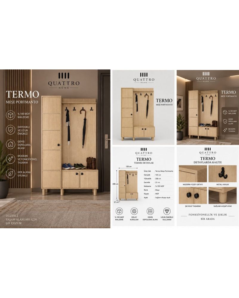 TERMO GENİŞ VESTİYER-Genişlik: 120 cm  Yükseklik: 208 cm  Derinlik: 37 cm-%100 MDF