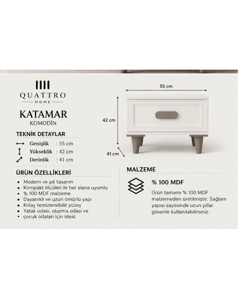 KATAMAR KOMODİN BEYAZ -Genişlik: 55 cm Yükseklik: 42 cm Derinlik: 41 cm-%100 MDF