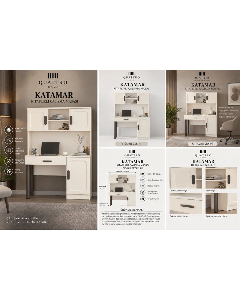 KATAMAR KİTAPLIKLI ÇALIŞMA MASASI-% 100 MDF -Genişlik: 120 cm Yükseklik: 185 cm Derinlik: 57 cm