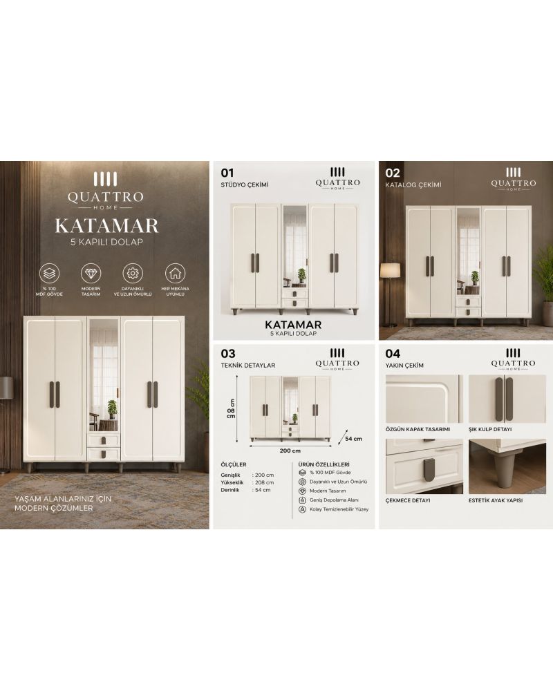 KATAMAR 5 KAPAKLI DOLAP-Genişlik: 200 cm Yükseklik: 208 cm Derinlik: 54 cm-%100 MDF