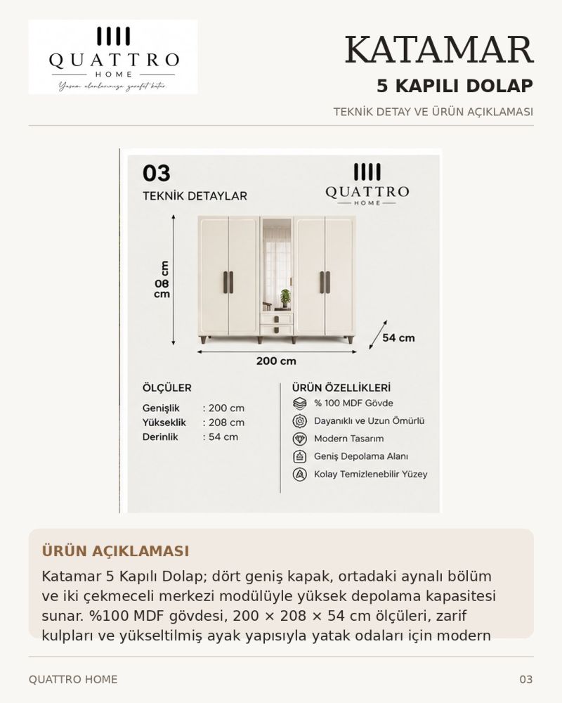 KATAMAR 5 KAPAKLI DOLAP-Genişlik: 200 cm Yükseklik: 208 cm Derinlik: 54 cm-%100 MDF