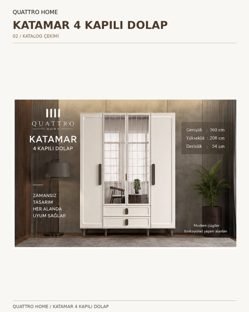 KATAMAR 4 KAPAKLI DOLAP-Genişlik: 160 cm Yükseklik: 208 cm Derinlik: 54 cm-%100 MDF