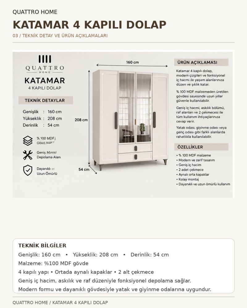 KATAMAR 4 KAPAKLI DOLAP-Genişlik: 160 cm Yükseklik: 208 cm Derinlik: 54 cm-%100 MDF