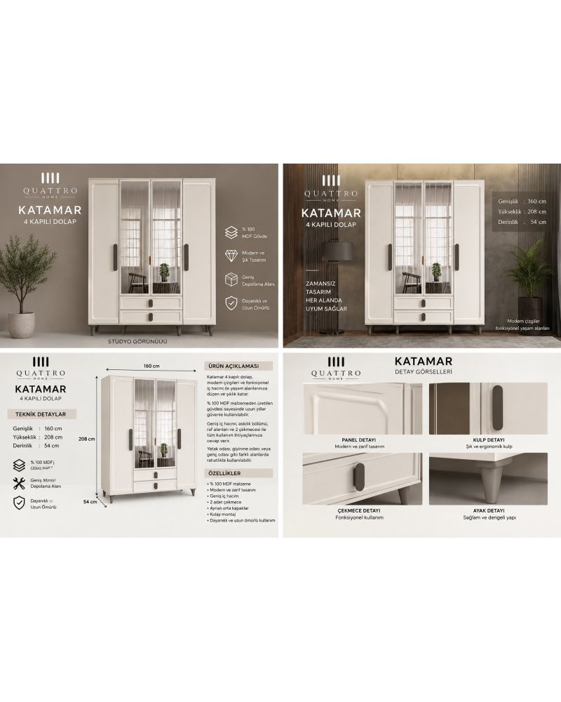 KATAMAR 4 KAPAKLI DOLAP-Genişlik: 160 cm Yükseklik: 208 cm Derinlik: 54 cm-%100 MDF