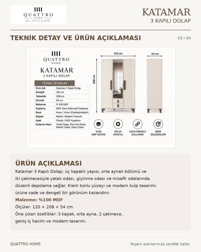 KATAMAR 3 KAPAKLI DOLAP-Genişlik: 120 cm Yükseklik: 208 cm Derinlik: 54 cm-%100 MDF