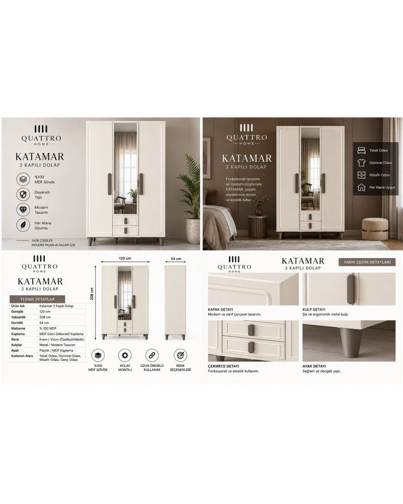 KATAMAR 3 KAPAKLI DOLAP-Genişlik: 120 cm Yükseklik: 208 cm Derinlik: 54 cm-%100 MDF