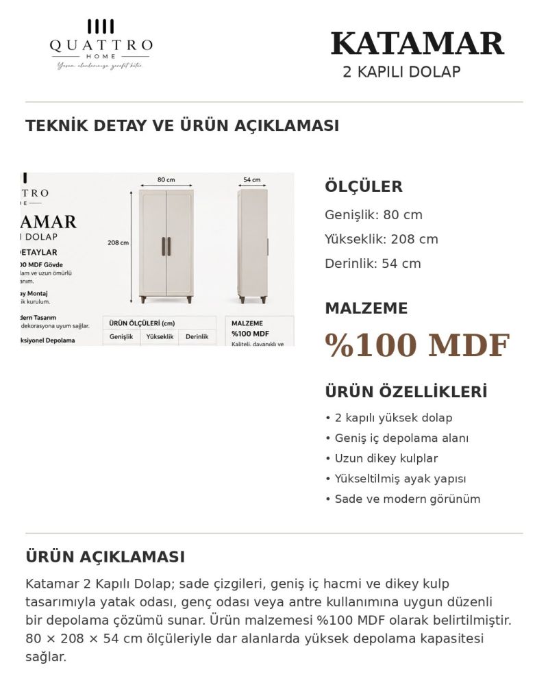 KATAMAR 2 KAPAKLI DOLAP-Genişlik: 80 cm Yükseklik: 208 cm Derinlik: 54 cm-%100 MDF