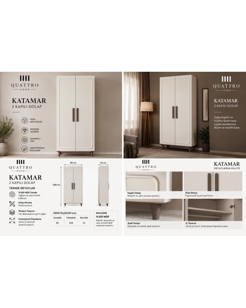 KATAMAR 2 KAPAKLI DOLAP-Genişlik: 80 cm Yükseklik: 208 cm Derinlik: 54 cm-%100 MDF