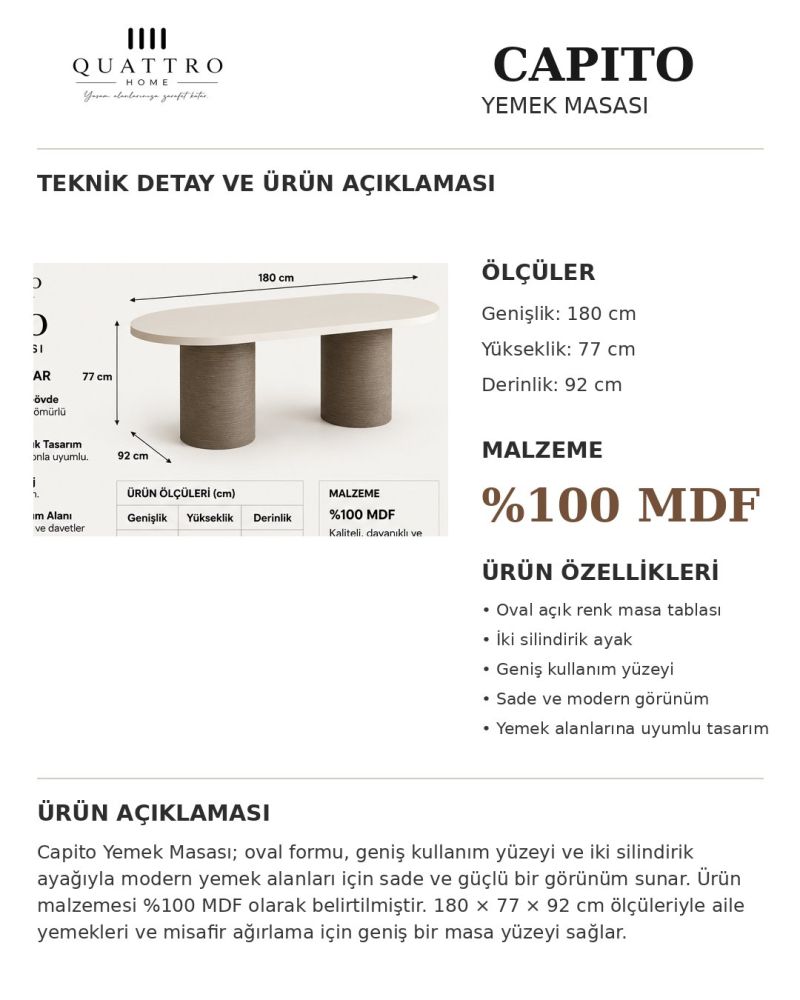 CAPITO YEMEK MASASI-Genişlik 180 cm × Yükseklik 77 cm × Derinlik 92 cm-%100 MDF
