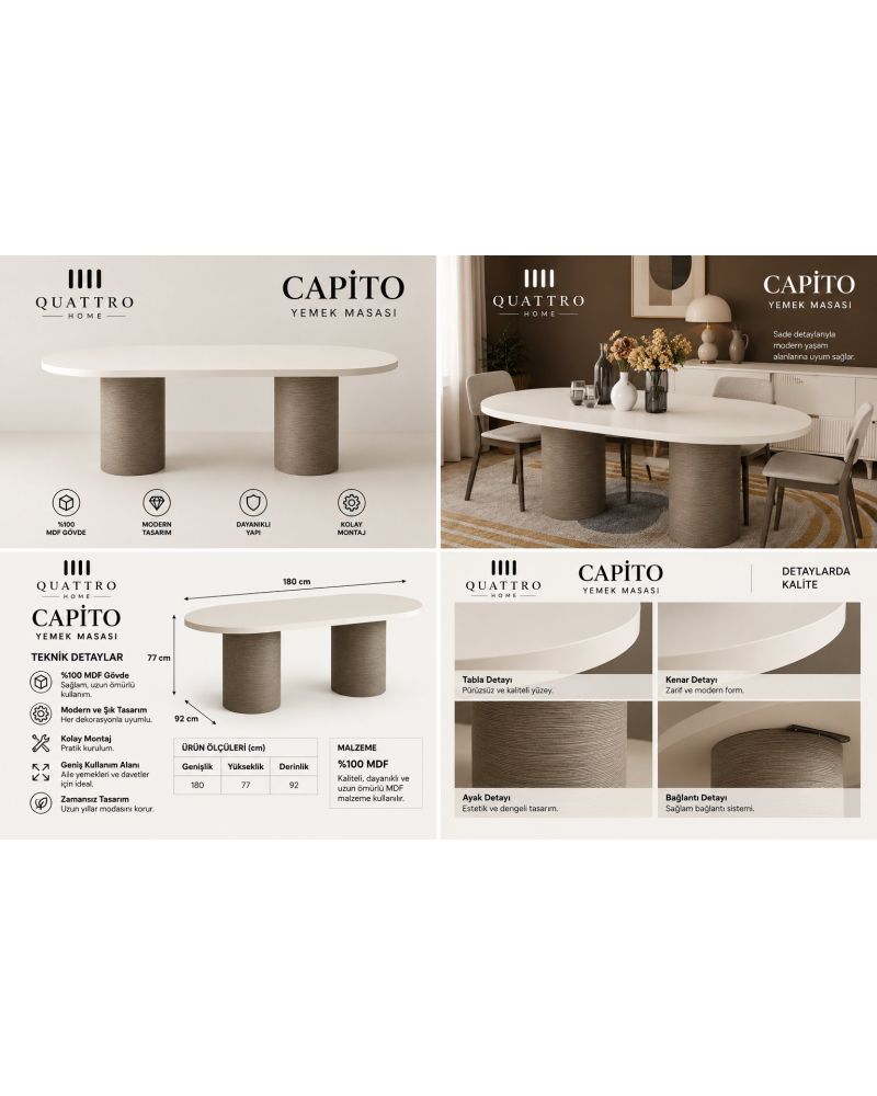 CAPITO YEMEK MASASI-Genişlik 180 cm × Yükseklik 77 cm × Derinlik 92 cm-%100 MDF