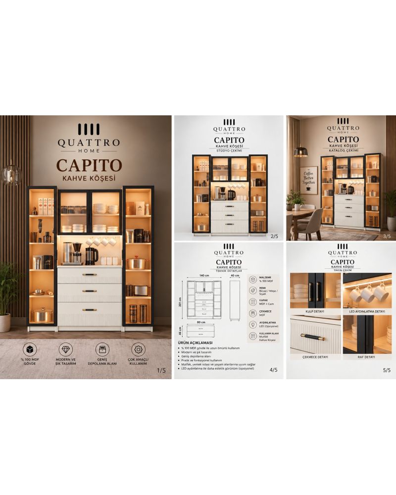 CAPITO KAHVE KÖŞESİ-Ölçüler: Genişlik 140 cm × Yükseklik 201 cm × Derinlik 40 cm Alt çekmeceli bölüm: 80 × 46 cm-%100 MDF
