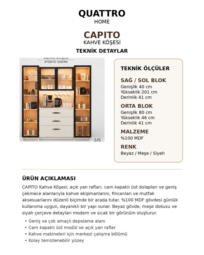 CAPITO KAHVE KÖŞESİ-Ölçüler: Genişlik 140 cm × Yükseklik 201 cm × Derinlik 40 cm Alt çekmeceli bölüm: 80 × 46 cm-%100 MDF