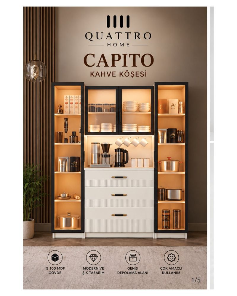 CAPITO KAHVE KÖŞESİ-Ölçüler: Genişlik 140 cm × Yükseklik 201 cm × Derinlik 40 cm Alt çekmeceli bölüm: 80 × 46 cm-%100 MDF