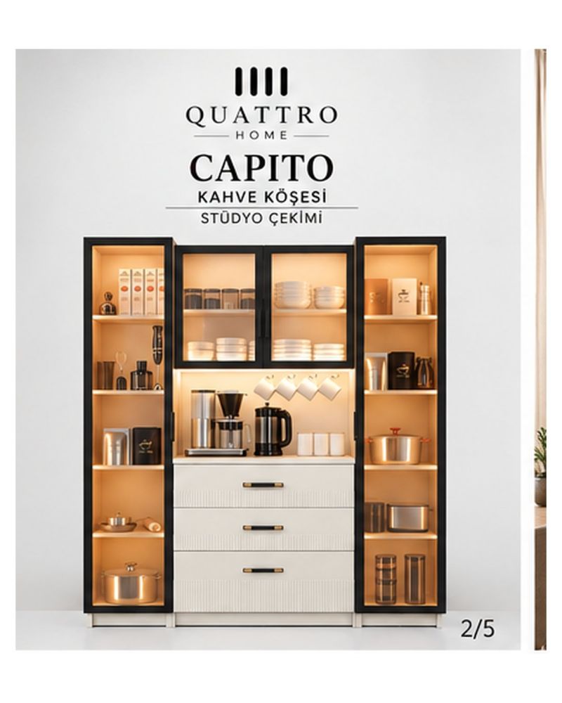 CAPITO KAHVE KÖŞESİ-Ölçüler: Genişlik 140 cm × Yükseklik 201 cm × Derinlik 40 cm Alt çekmeceli bölüm: 80 × 46 cm-%100 MDF
