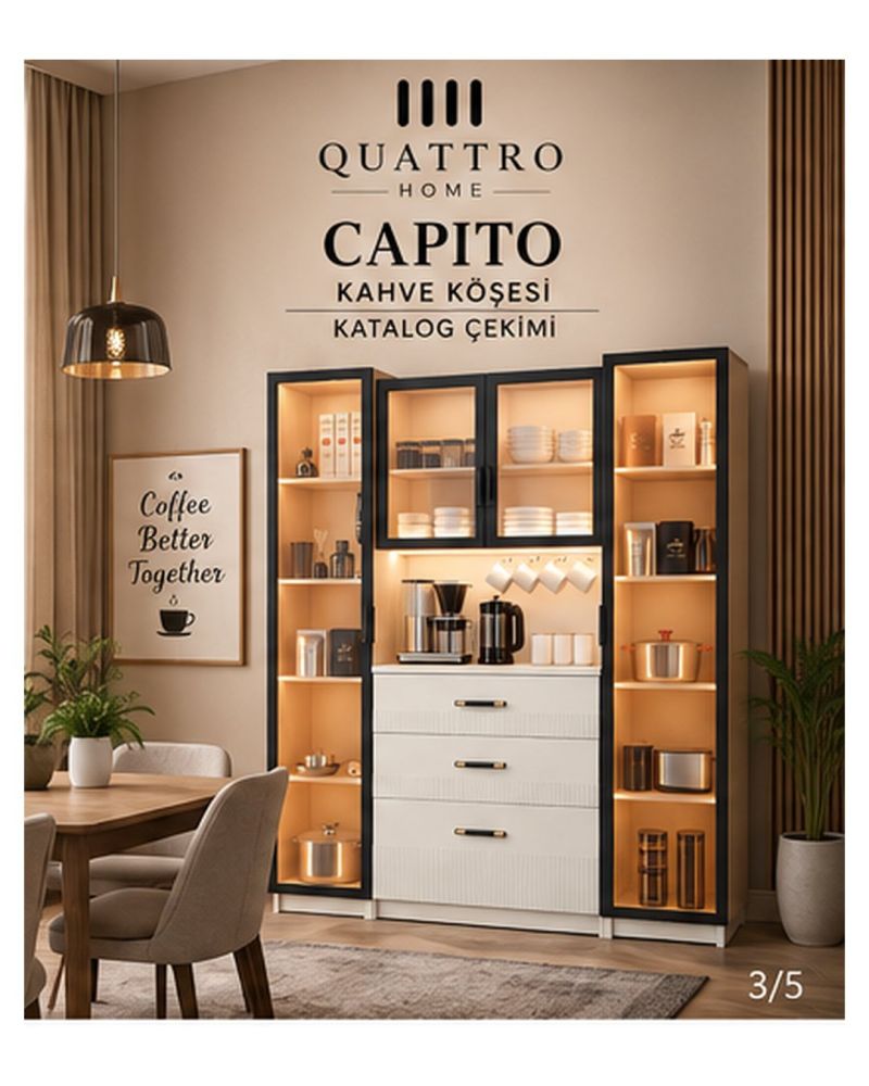CAPITO KAHVE KÖŞESİ-Ölçüler: Genişlik 140 cm × Yükseklik 201 cm × Derinlik 40 cm Alt çekmeceli bölüm: 80 × 46 cm-%100 MDF