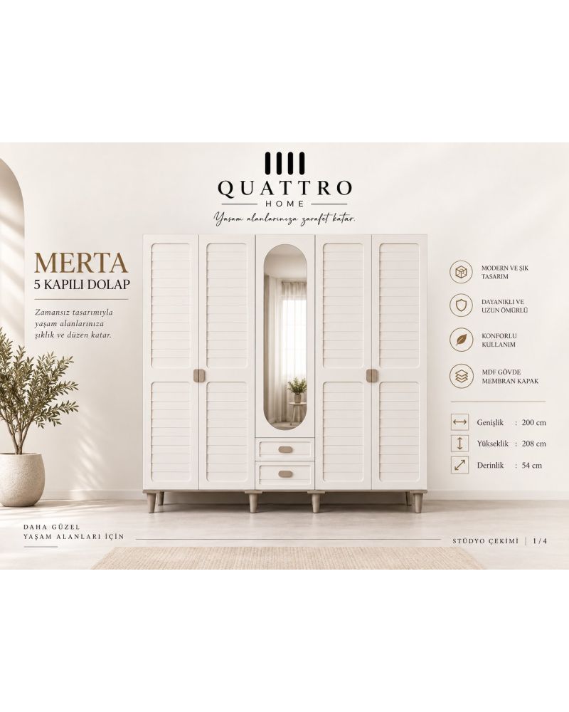 MERTA 5 KAPAKLI DOLAP-Genişlik: 200 cm Yükseklik: 208 cm Derinlik: 54 cm -% 100 MDF