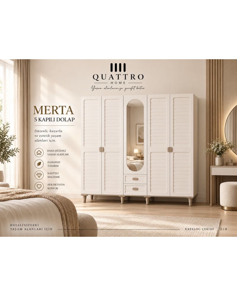 MERTA 5 KAPAKLI DOLAP-Genişlik: 200 cm Yükseklik: 208 cm Derinlik: 54 cm -% 100 MDF