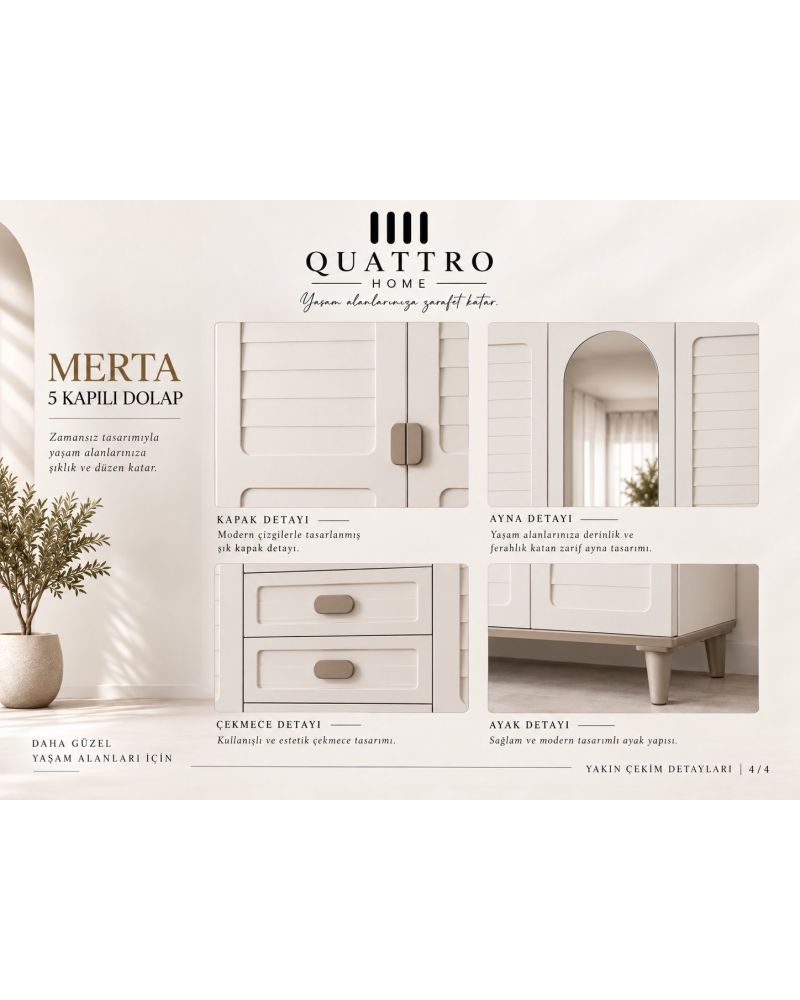 MERTA 5 KAPAKLI DOLAP-Genişlik: 200 cm Yükseklik: 208 cm Derinlik: 54 cm -% 100 MDF