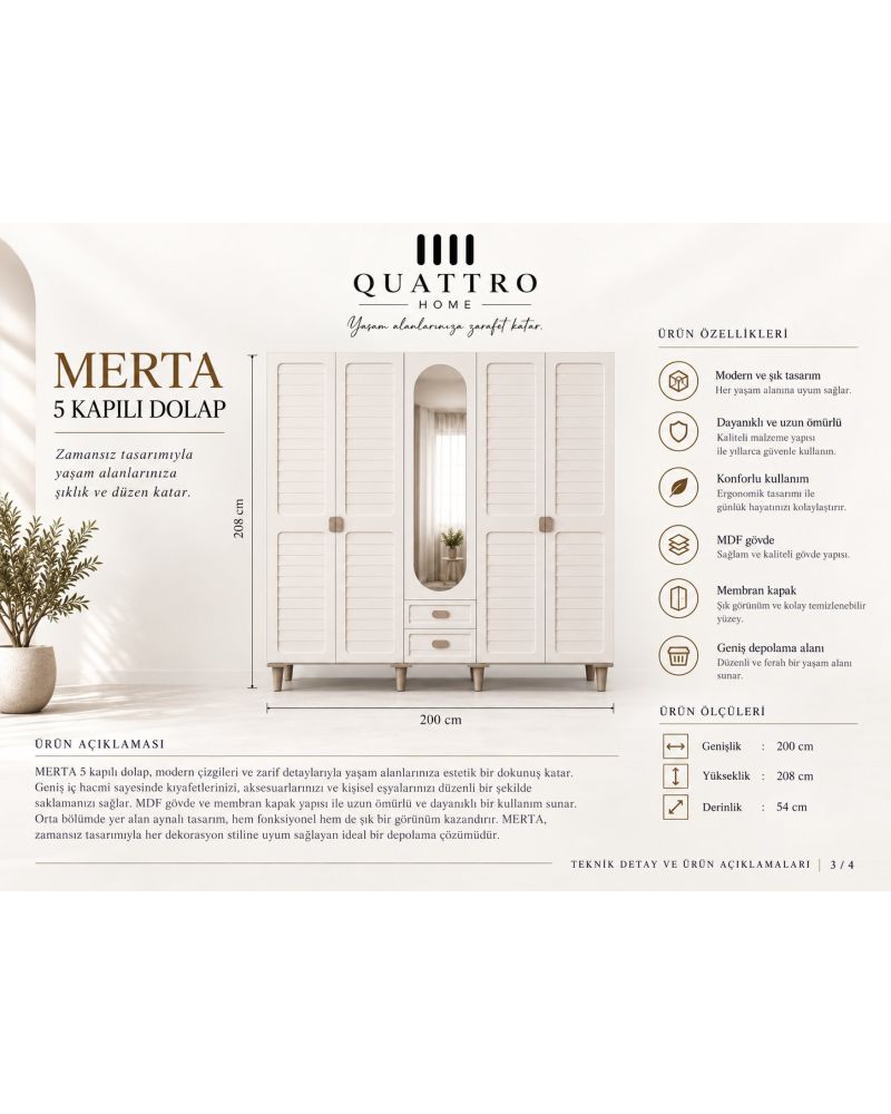 MERTA 5 KAPAKLI DOLAP-Genişlik: 200 cm Yükseklik: 208 cm Derinlik: 54 cm -% 100 MDF