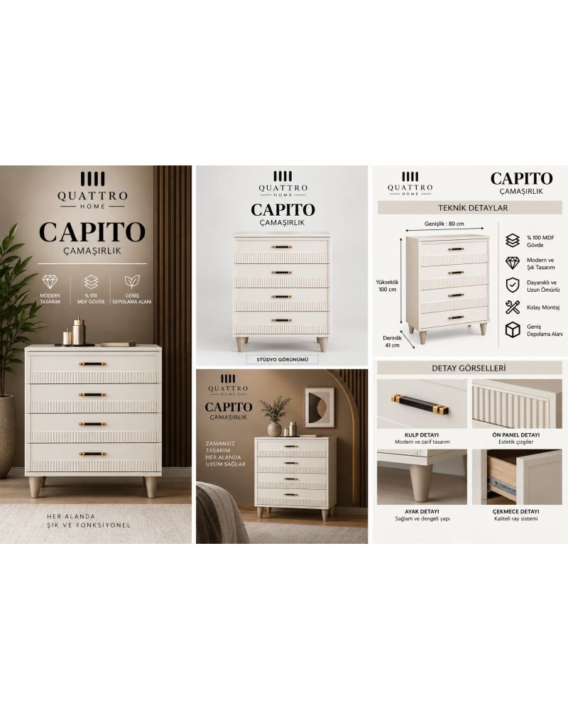 CAPITO ÇAMAŞIRLIK ŞİFONYER-Genişlik 80 cm × Yükseklik 100 cm × Derinlik 41 cm-%100 MDF