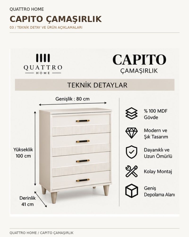 CAPITO ÇAMAŞIRLIK ŞİFONYER-Genişlik 80 cm × Yükseklik 100 cm × Derinlik 41 cm-%100 MDF