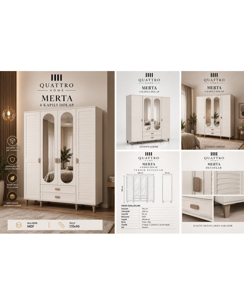 MERTA 4 KAPAKLI DOLAP -% 100 MDF-Genişlik: 160 cm Yükseklik: 208 cm Derinlik: 54 cm