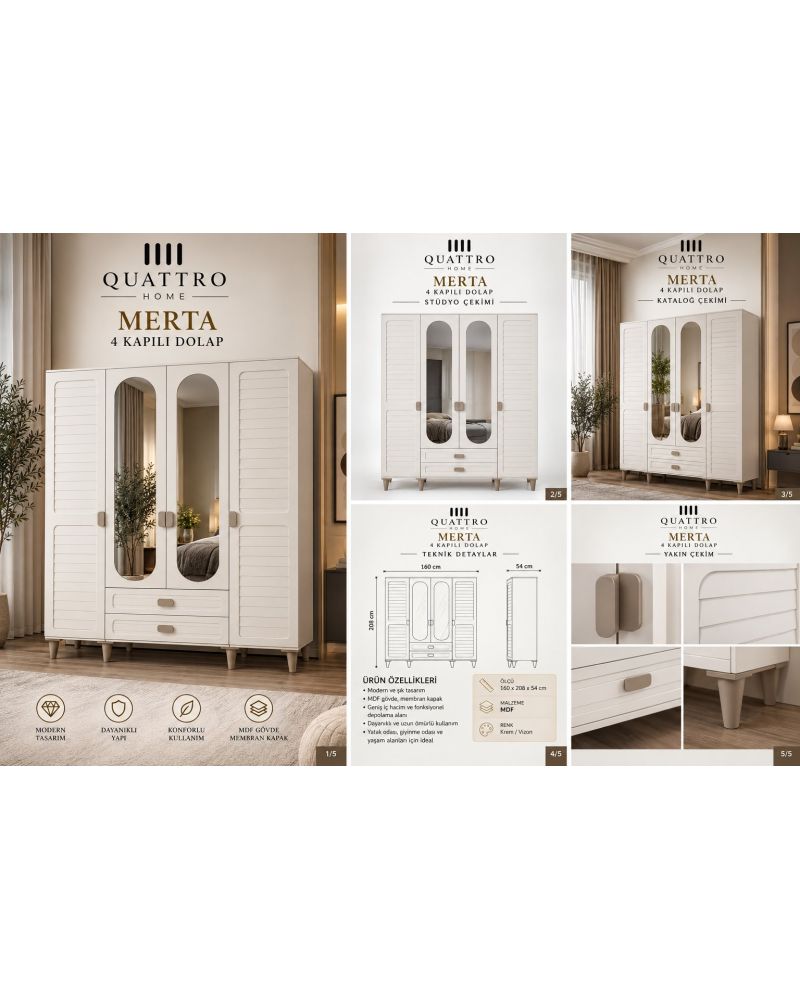 MERTA 4 KAPAKLI DOLAP -% 100 MDF-Genişlik: 160 cm Yükseklik: 208 cm Derinlik: 54 cm