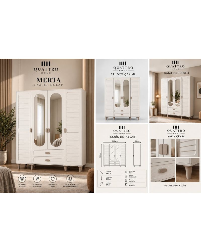 MERTA 4 KAPAKLI DOLAP -% 100 MDF-Genişlik: 160 cm Yükseklik: 208 cm Derinlik: 54 cm