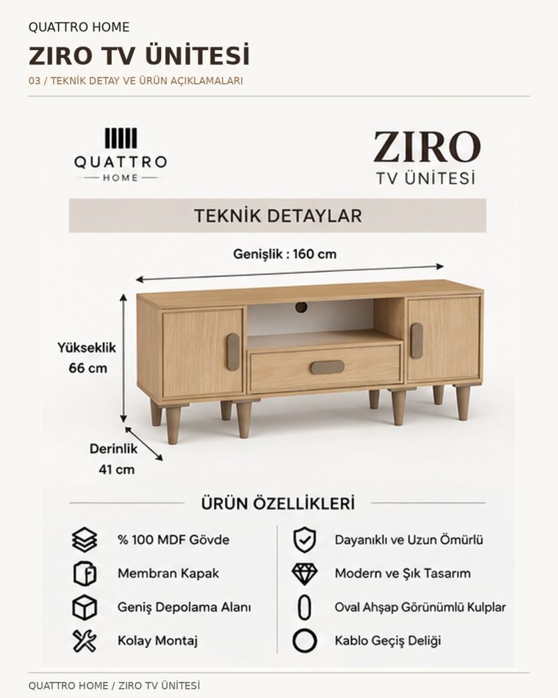 Meşe Görünümlü Modern TV Ünitesi - Genişlik: 160 cm Yükseklik: 66 cm Derinlik: 41 cm-%100 MDF