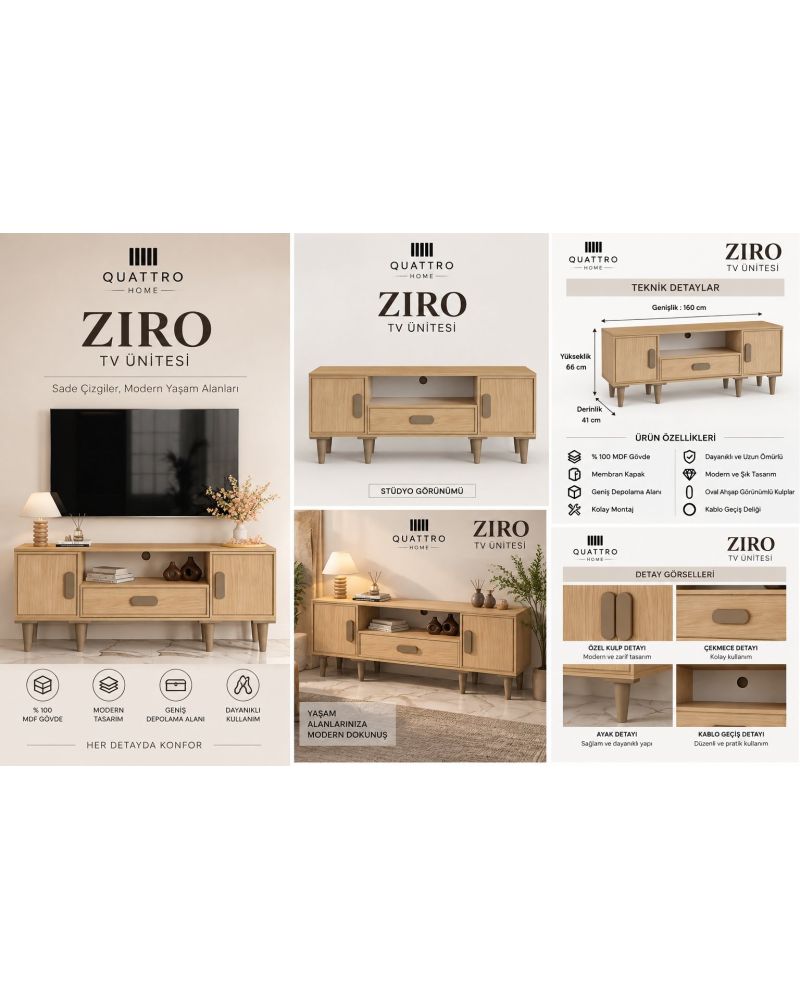 Meşe Görünümlü Modern TV Ünitesi - Genişlik: 160 cm Yükseklik: 66 cm Derinlik: 41 cm-%100 MDF