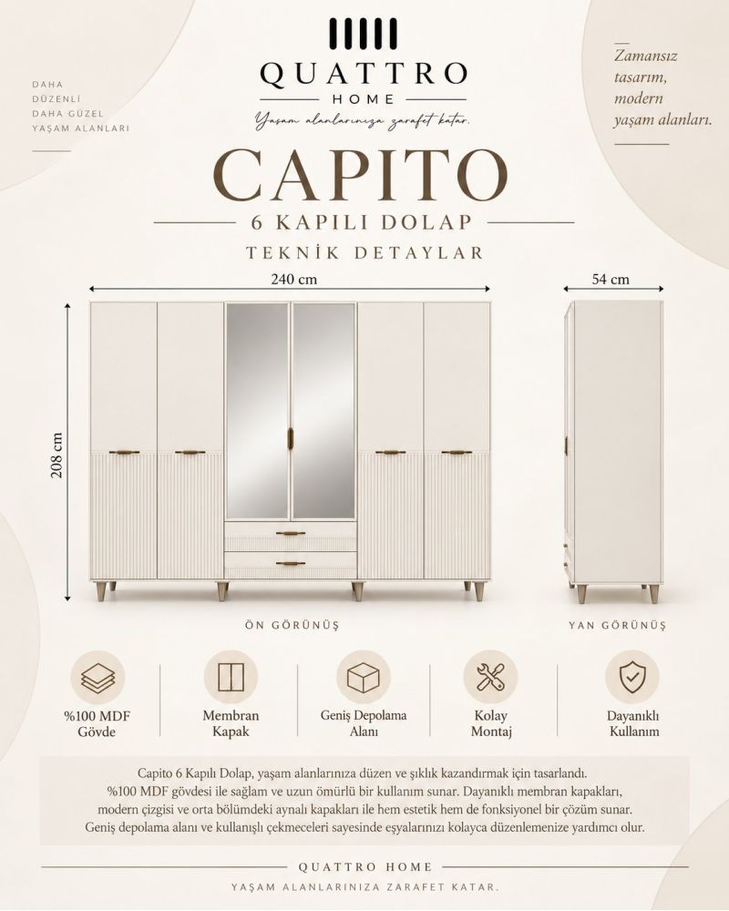 CAPITO 6 LI DOLAP-Genişlik: 240 cm Derinlik: 54 cm Yükseklik: 208 cm-%100 MDF