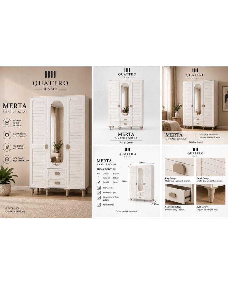 MERTA 3 KAPAKLI DOLAP-% 100 MDF-Genişlik: 120 cm Yükseklik: 208 cm Derinlik: 54 cm