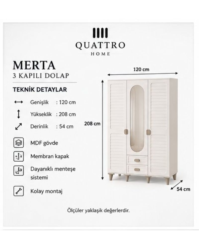 MERTA 3 KAPAKLI DOLAP-% 100 MDF-Genişlik: 120 cm Yükseklik: 208 cm Derinlik: 54 cm