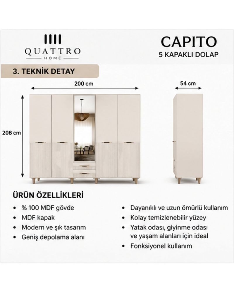 CAPITO 5 Lİ DOLAP -Genişlik: 200 cm Derinlik: 54 cm Yükseklik: 208 cm-%100 MDF