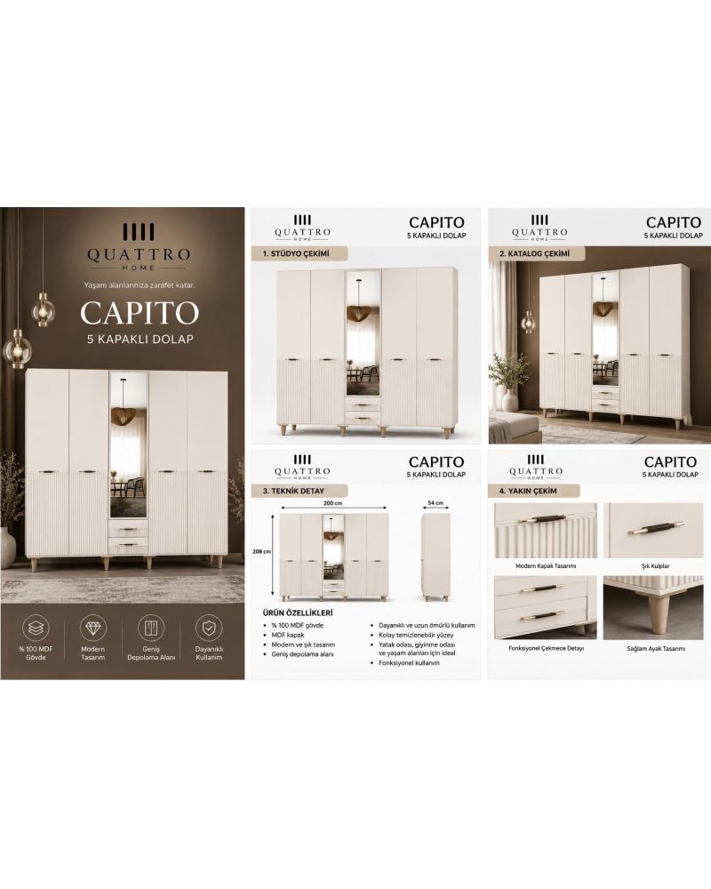 CAPITO 5 Lİ DOLAP -Genişlik: 200 cm Derinlik: 54 cm Yükseklik: 208 cm-%100 MDF