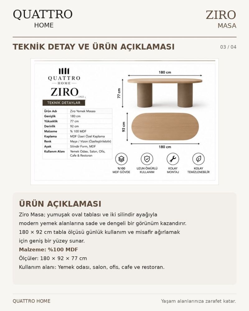 Oval Formlu Modern Yemek Masası -Genişlik 180 cm, yükseklik 77 cm ve derinlik 92 cm-%100 MDF