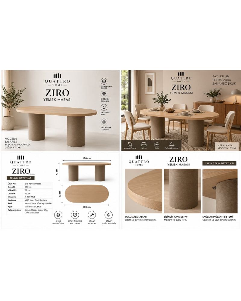 Oval Formlu Modern Yemek Masası -Genişlik 180 cm, yükseklik 77 cm ve derinlik 92 cm-%100 MDF