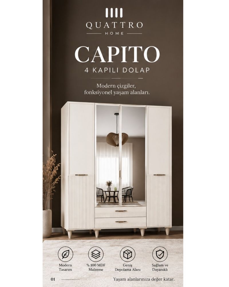 CAPITO 4 LÜ DOLAP-Genişlik: 160 cm Derinlik: 54 cm Yükseklik: 208 cm-%100 MDF