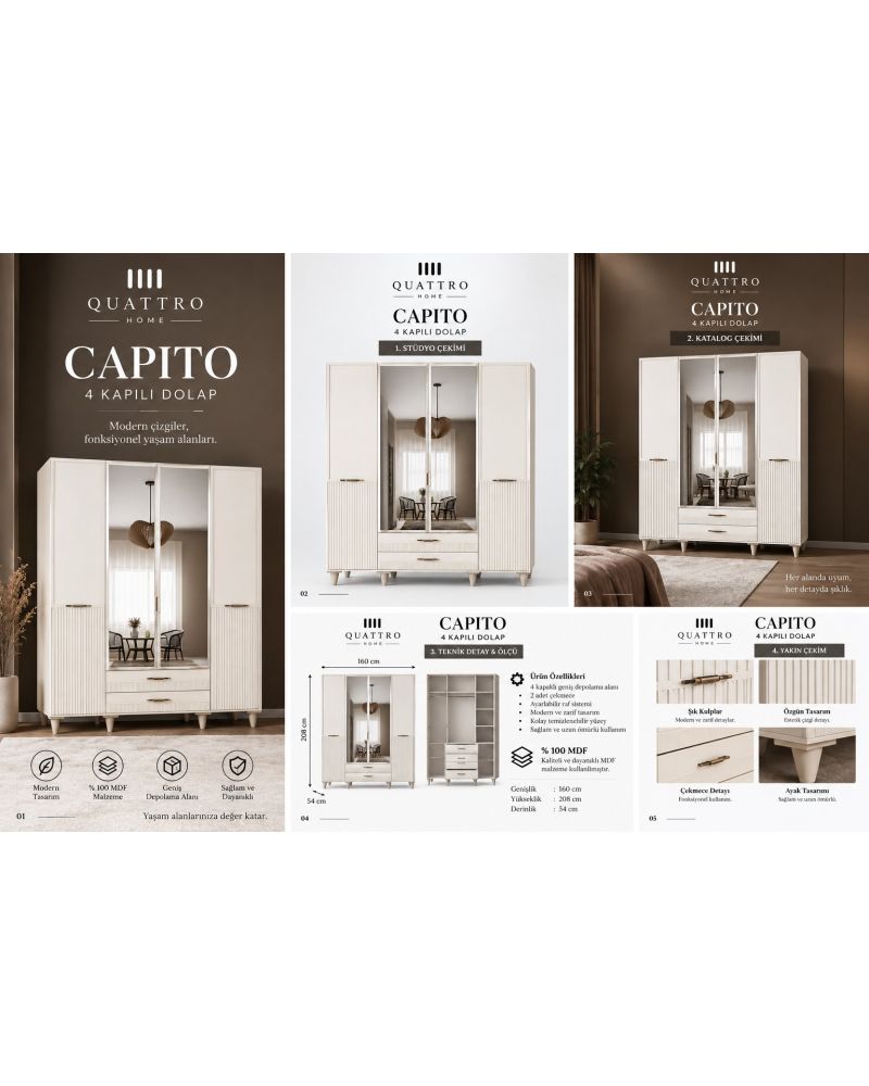 CAPITO 4 LÜ DOLAP-Genişlik: 160 cm Derinlik: 54 cm Yükseklik: 208 cm-%100 MDF