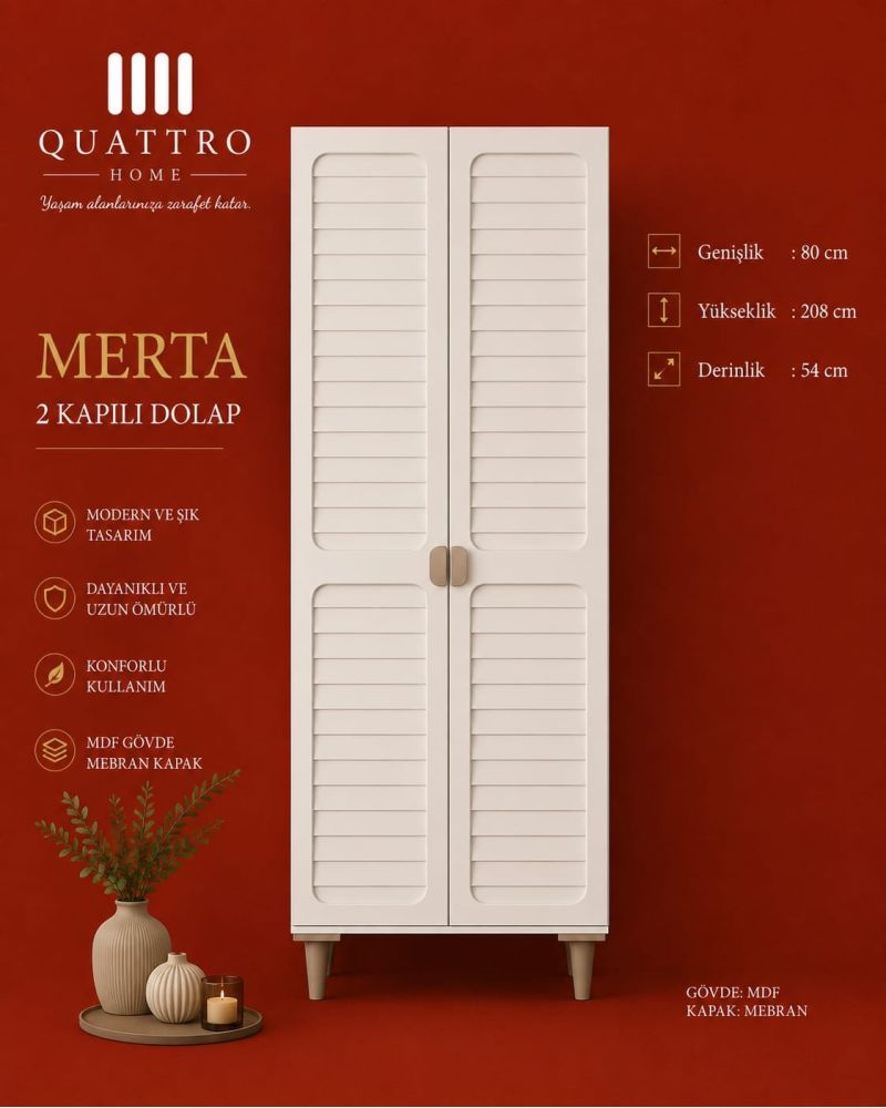 MERTA 2 KAPAKLI DOLAP-% 100 MDF-Genişlik: 80 cm Yükseklik: 208 cm Derinlik: 54 cm