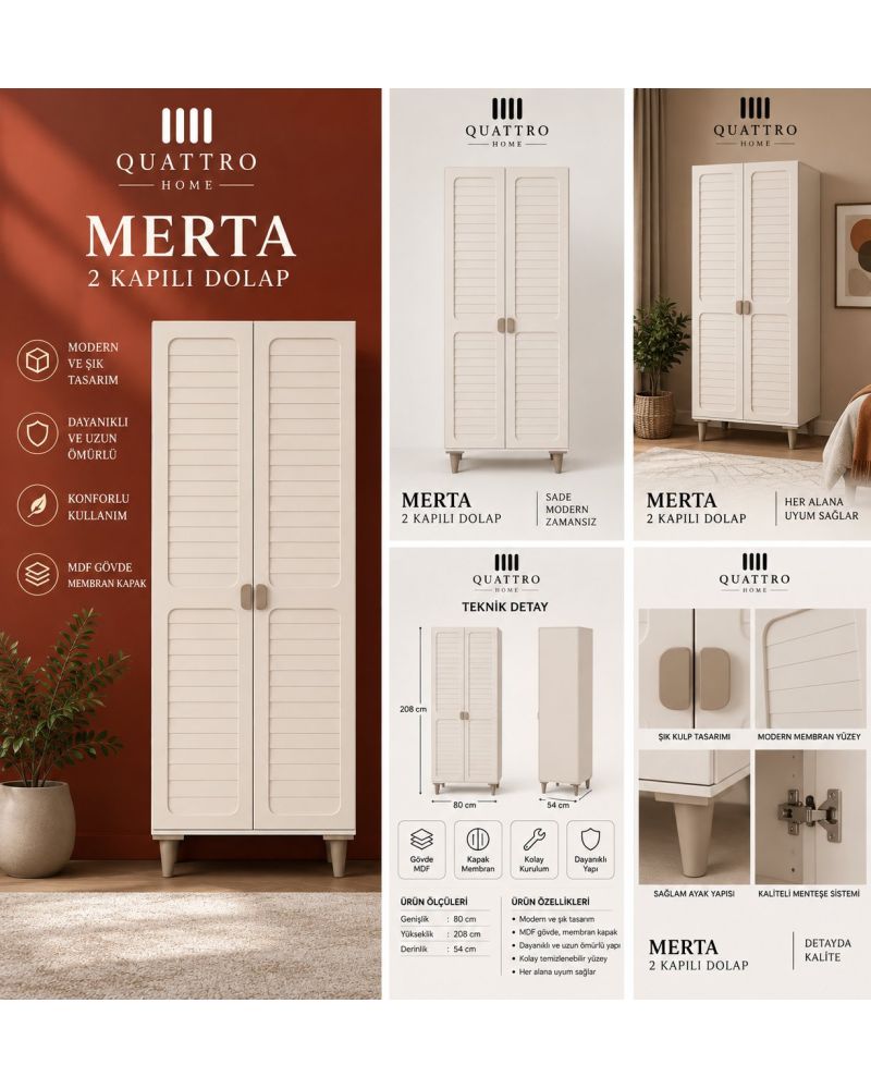 MERTA 2 KAPAKLI DOLAP-% 100 MDF-Genişlik: 80 cm Yükseklik: 208 cm Derinlik: 54 cm
