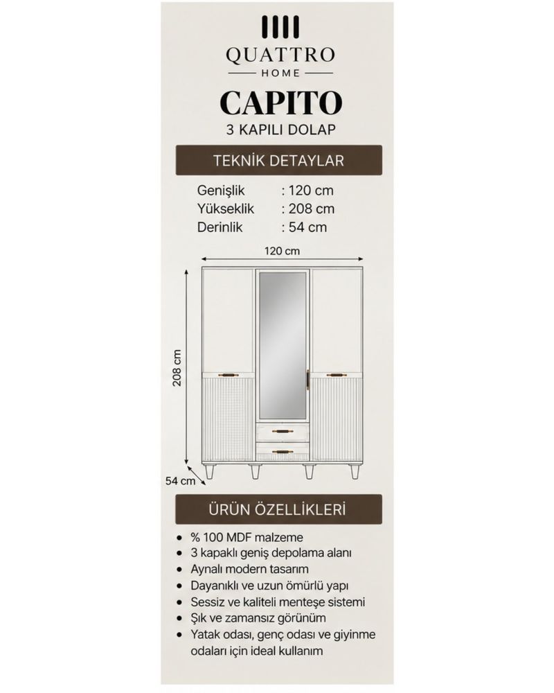 CAPITO 3 KAPILI DOLAP-Genişlik: 120 cm Derinlik: 54 cm Yükseklik: 208 cm-%100 MDF